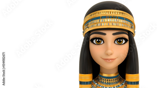 Smiling cartoon woman, ancient Egyptian queen style, gold jewelry, dark hair, intricate headdress, transparent background. Detailed rendering, 3D model.
