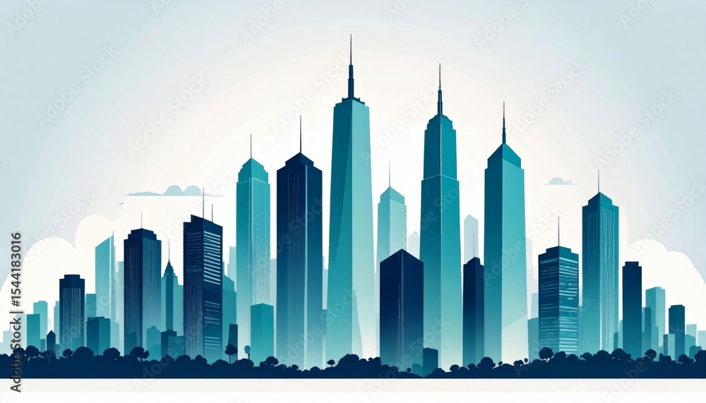 Fototapeta premium Cityscape Skyline Vector Illustration in Blue Tones