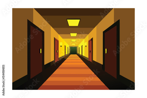 Mysterious Hotel Corridor Pixel Art Illustration of a Long Hallway with Doors