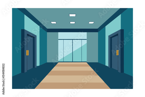 Modern Office Corridor Design Teal Walls, Glass Windows, and Elegant Carpet