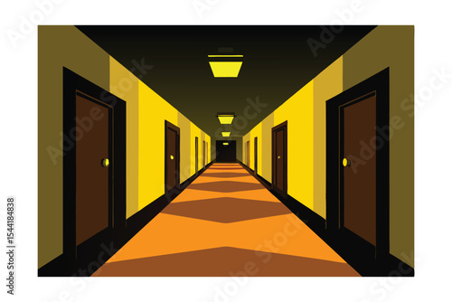 Mysterious Hotel Corridor A Long, Dark Hallway with Doors