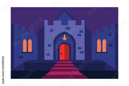 Enigmatic Castle at Night Mysterious Stone Structure with Red Door and Steps