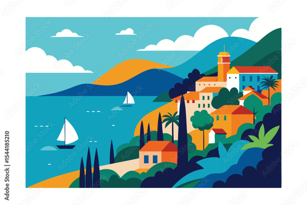 Fototapeta premium Coastal Town Vista A Vibrant Mediterranean Illustration