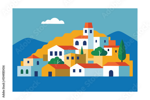 Charming Hilltop Village Mediterranean Coastal Town Illustration