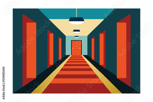 Abstract Hallway Illustration  Geometric Doors and Red Carpet Perspective