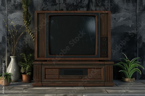 Premium Quality Image of Antique Tv Set with Black Screen Wooden Background 3D Rendering