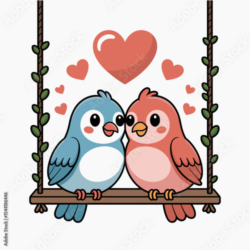Cute blue and pink lovebirds sitting on a swing surrounded by hearts  