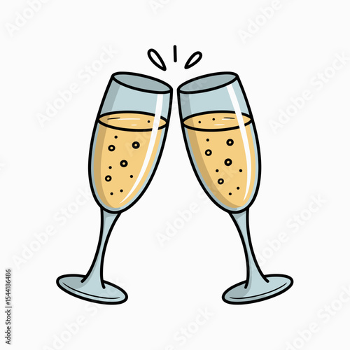 Two champagne glasses clinking together in celebration  