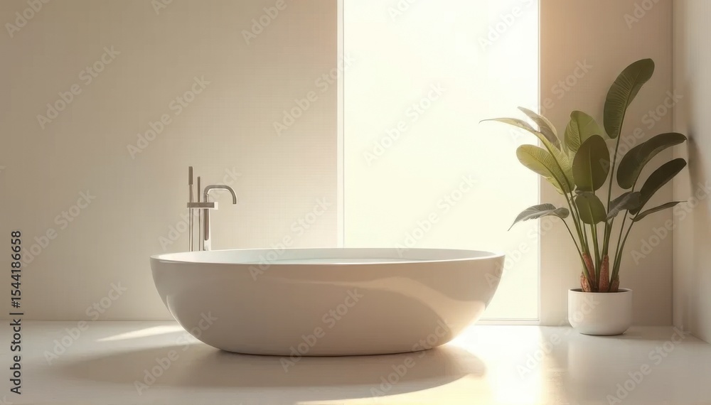Tranquil modern bathroom with a white freestanding tub large bright window and a green plant Tranquil modern bathroom with a white freestanding tub large bright window and a green plant