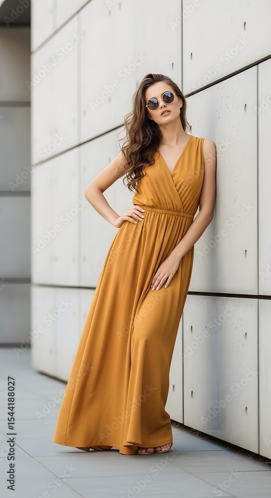 Fototapeta premium Stylish Woman in Mustard Yellow Maxi Dress, Summer Fashion