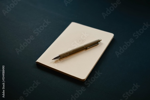 A photograph of a minimalist notepad and pen arrangement against a deep black background