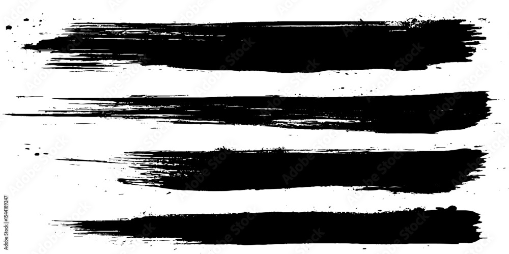 Collection of four black grunge stripes lines. Painted grunge stripes set. Black labels, background, paint texture. Brush strokes vector. Handmade design elements Collection of four black grunge stripes lines. Painted grunge stripes set. Black labels, background, paint texture. Brush strokes vector. Handmade design elements