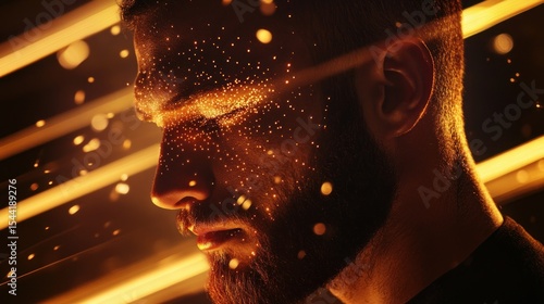 Introspective gaze, A man bathed in ethereal golden light and stardust