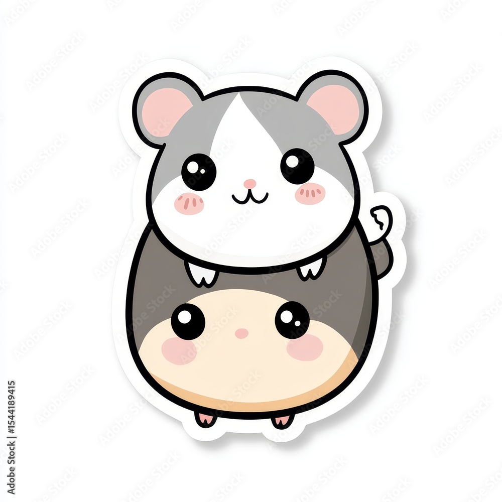 Naklejka premium Two cute, chubby cartoon hamsters are stacked on top of each other. The top one has gray and white fur, the bottom one has gray and beige fur. Both have big eyes, pink cheeks, and small smiles
