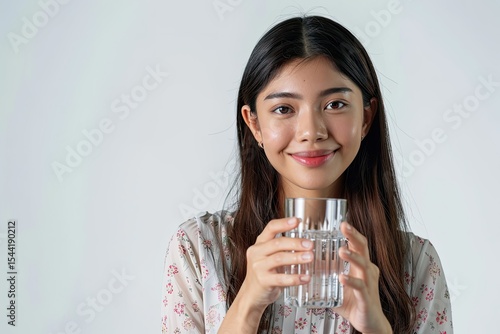 Asian Young Woman Holding Water Glass Isolated on White Background with Clipping Path