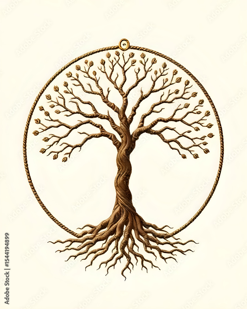 Naklejka premium Boho Mystical Tree Design with Roots and Branches Forming a Circle, Embroidered Texture Effect, Ancient Symbol of Life and Balance