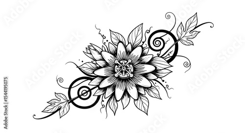 Floral Elegance: An exquisite black and white illustration of a stylized floral arrangement, meticulously crafted with intricate details and a touch of graceful artistic flair.