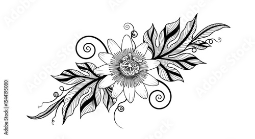 Intricate Floral Design: A monochrome botanical illustration showcases a captivating floral design with delicate petals, elegant leaves, and graceful swirls.