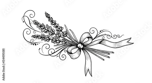 Lavender Bouquet with Elegant Ribbon: A refined depiction of a lavender bouquet, elegantly tied with a decorative ribbon, creating a serene image of natural grace and delicate beauty.
