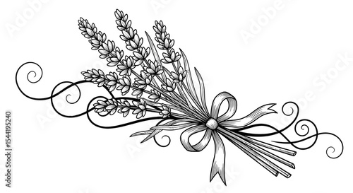 Lavender bouquet, delicate illustration: A detailed monochrome illustration of a lavender bouquet, intricately rendered with flowing ribbons and swirling accents, evokes the serene beauty of nature.
