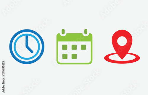 Clock, calender, map 3 in one vector icon