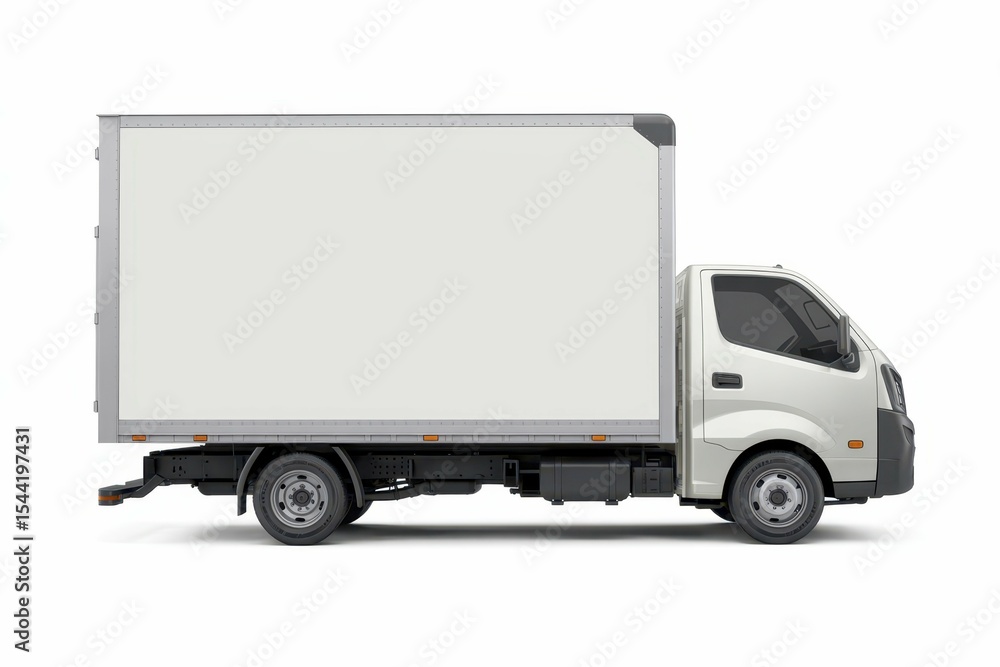 A White Box Truck Half Side View isolated on a White Background, with empty blank space for text copy space or mockup design, high detail, 8k A White Box Truck Half Side View isolated on a White Background, with empty blank space for text copy space or mockup design, high detail, 8k