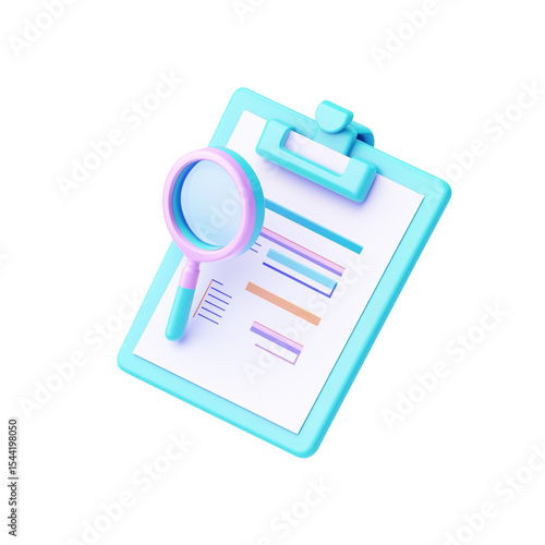 Blue clipboard icon with checklist and magnifying glass in a 3D illustration

