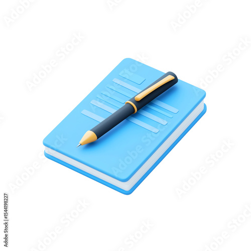 3D icon of a blue document with a pen on a white background

