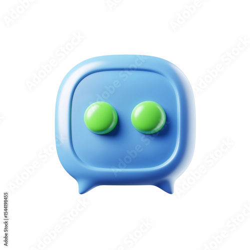 3D icon of a blue chat bubble with three green dots indicating a message

