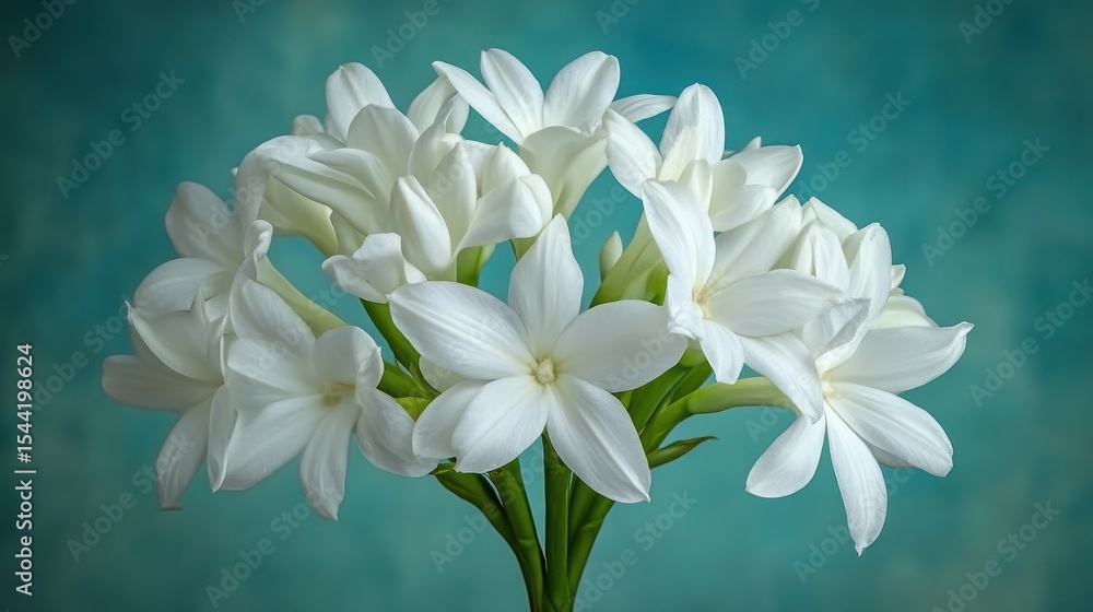 Fototapeta premium Close-up of a cluster of white flowers against a teal background