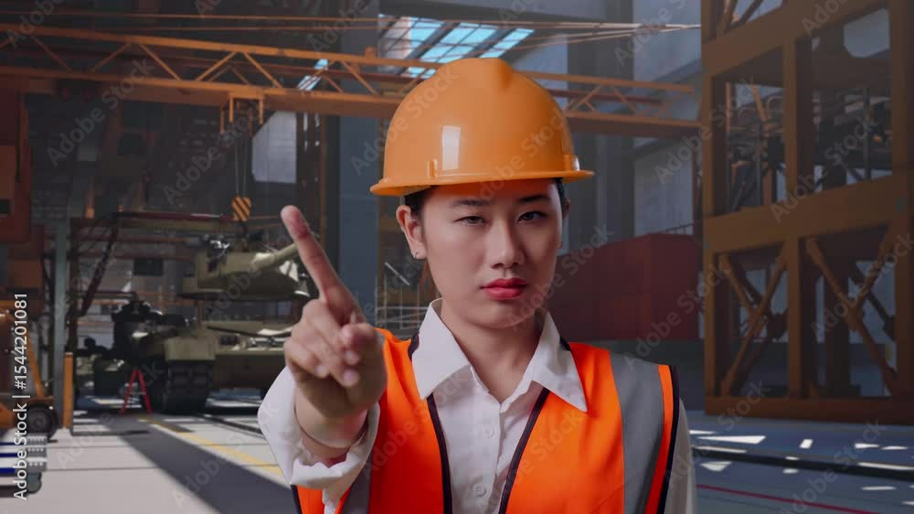 Close Up Of Asian Female Engineer With Safety Helmet Disapproving With No Index Finger Sign While Standing, Military Tank Under Construction in Industrial Facility Close Up Of Asian Female Engineer With Safety Helmet Disapproving With No Index Finger Sign While Standing, Military Tank Under Construction in Industrial Facility