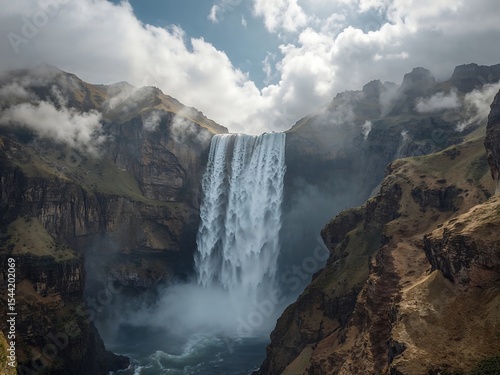 Reverse Waterfall Rising into Misty Sky Above Dramatic Canyon