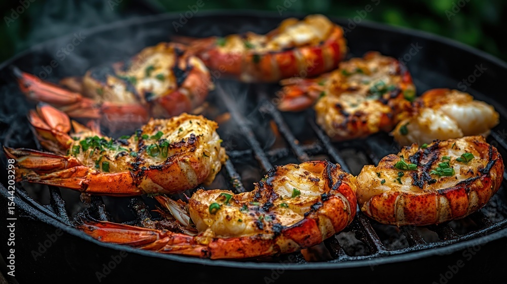 Grilled lobster tails, sizzling on a barbecue Grilled lobster tails, sizzling on a barbecue