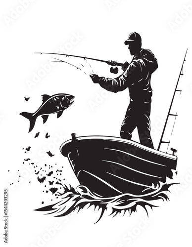 Fisherman catching a fish vector silhouette.
