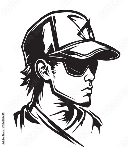 drawing of expression of annoyance baseball palyer one color logo black and white 