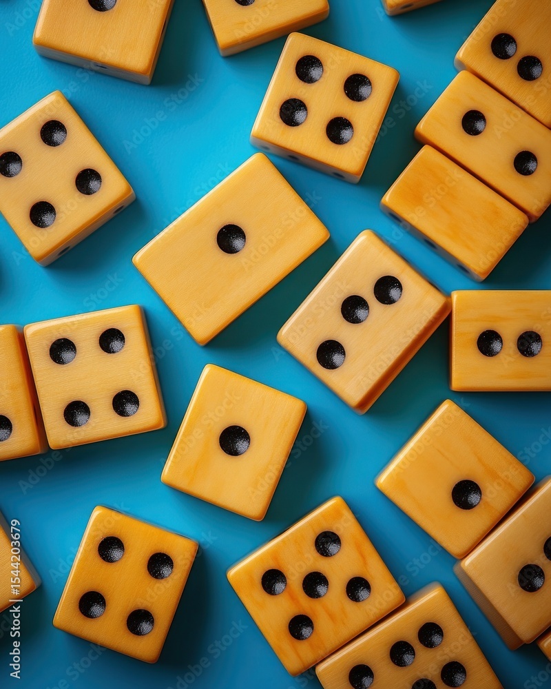 Light tan dice scattered on a vibrant blue surface Light tan dice scattered on a vibrant blue surface