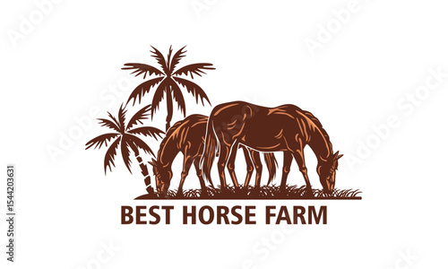 ORGANIC HORSE FARM LOGO, poster of best farm with strong brown horse vector illustrations