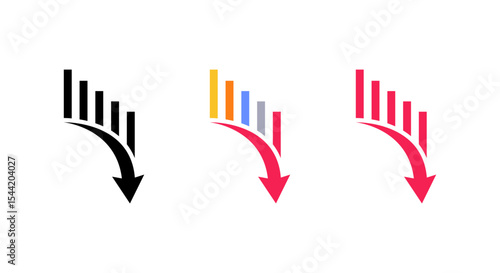 Bar chart collapse icon with downward arrow. Decline and negative trend sign symbol