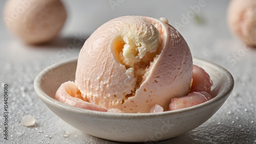 close-up of a scoop of lychee ice cream, with delicate swirls and tiny flecks of real lychee fruit. The surface shows a slight melt, indicating its creamy texture.