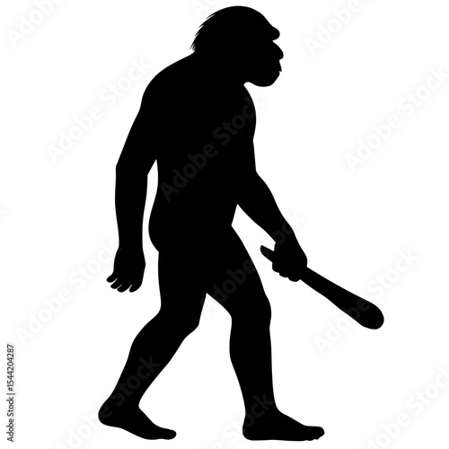 Silhouette of a Neanderthal Holding a Primitive Club in Thoughtful Pose
