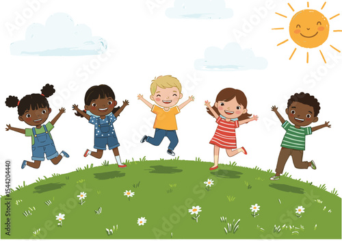 A vibrant vector illustration shows a diverse group of happy kids, both boys and girls, jumping for joy together on a green, grassy hill outdoors.