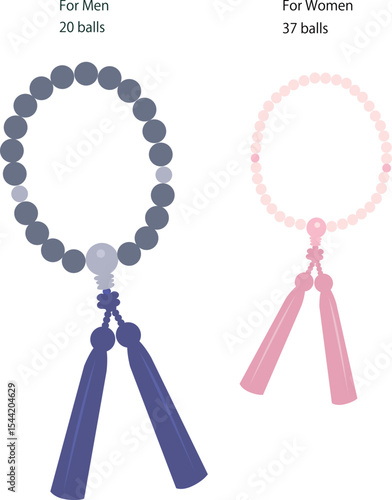 男性用と女性用、正しい玉数の数珠・念珠のベクターイラスト
