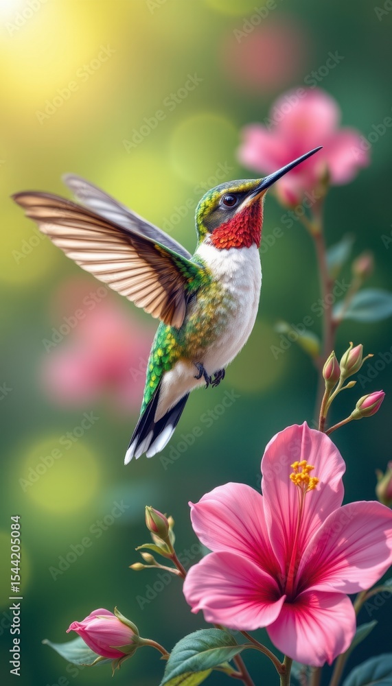 Fototapeta premium Colorful Hummingbird in Flight near Vibrant Pink Flowers with Soft Natural Background