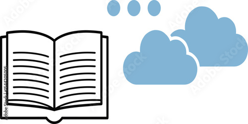 Open book and cloud icon with dots, knowledge and cloud storage concept, digital library symbol, learning and technology illustration, minimal vector design for education use