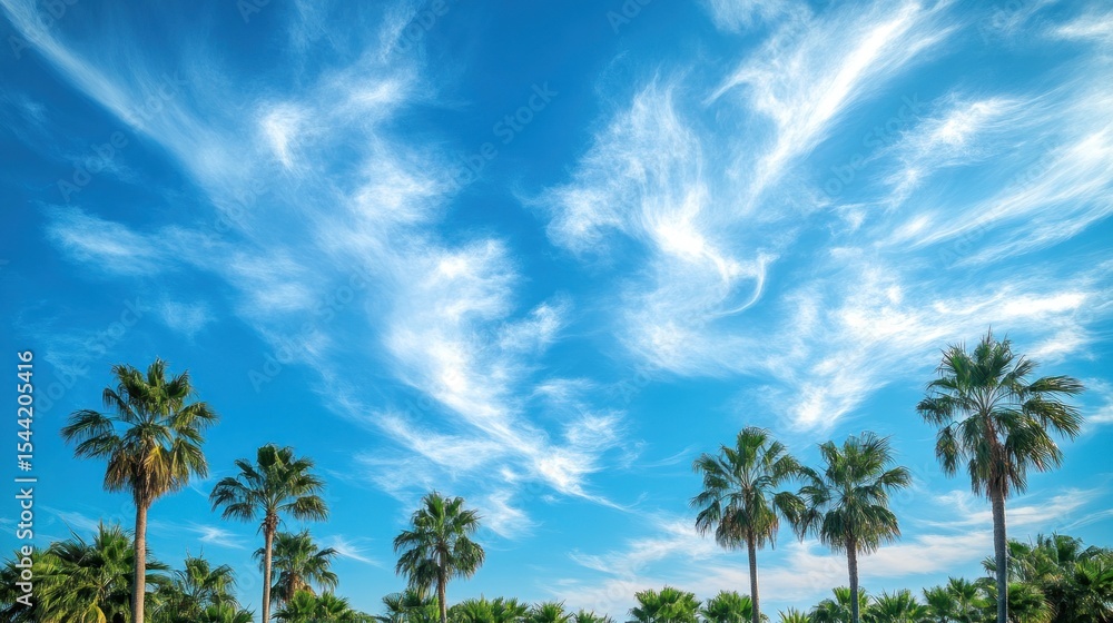 Fototapeta premium Palm trees against a vibrant blue sky with wispy clouds