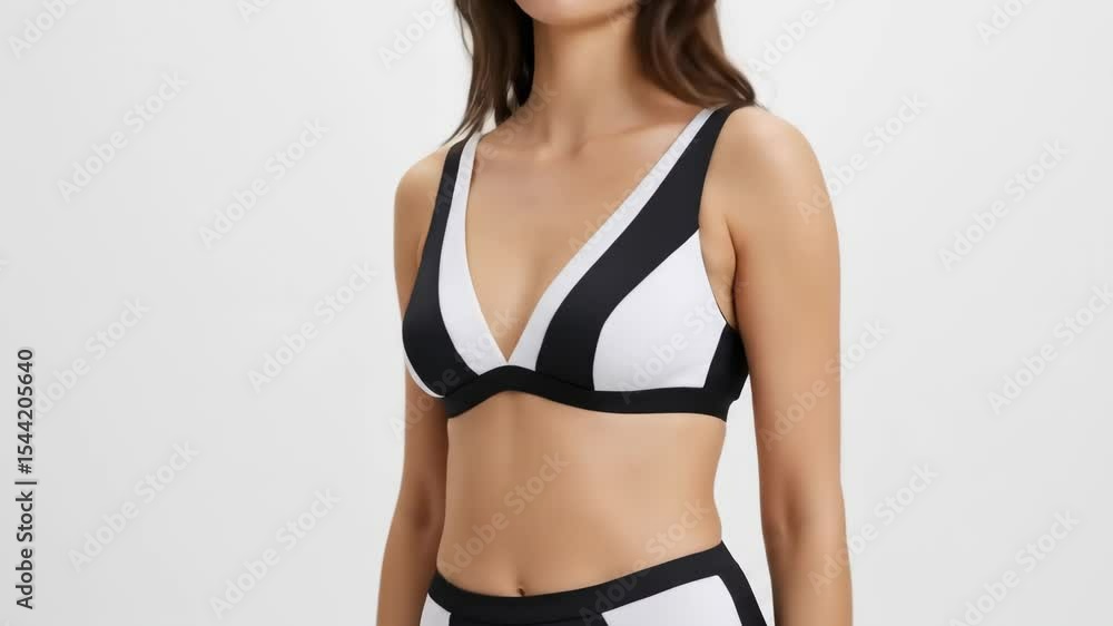 Model posing in black and white bikini swimsuit against white background Model posing in black and white bikini swimsuit against white background