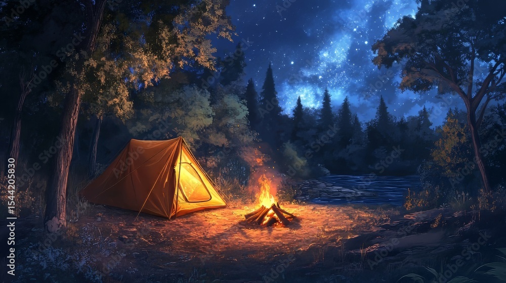 Glowing tent beside a bonfire in a forest under a starry night sky, creating a cozy camping scene Glowing tent beside a bonfire in a forest under a starry night sky, creating a cozy camping scene