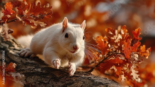 Rare Albino Squirrel in Autumn Leaves with A Golden Moment.