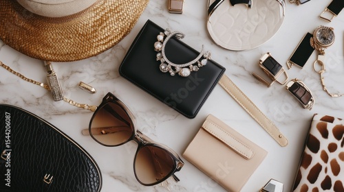 Elegant Women's Accessories Composition on Marble Background, High End Fashion