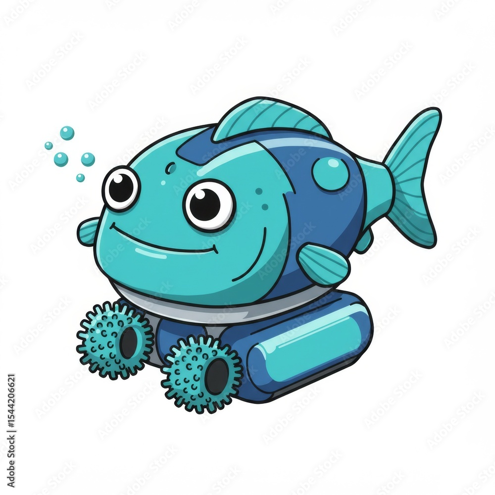 Obraz premium Cute Cartoon Robot Fish with Wheels